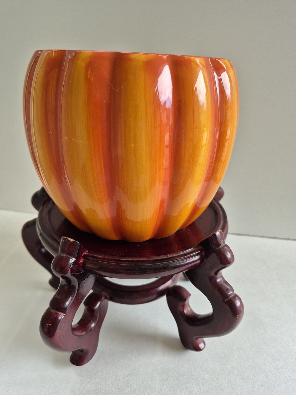 Orange Ceramic Pumpkin Planter with Stopper. Painted Green Leaf - Picture 3 of 6
